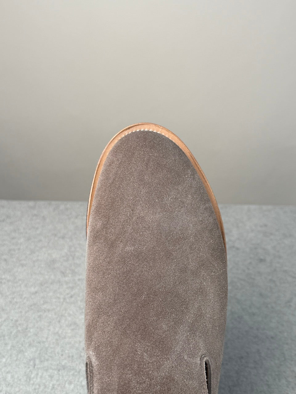 Viberg Bison Janus calf suede slippers showcasing soft suede material and classic slip-on design.