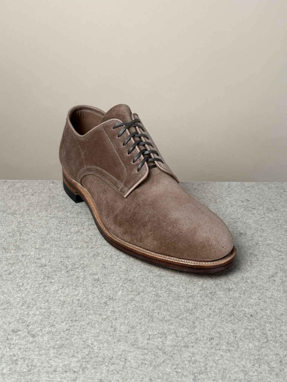 Viberg Navvy Cut Shoe in Bison Janus calf suede with sleek design and natural leather finish, showcasing premium footwear craftsmanship.