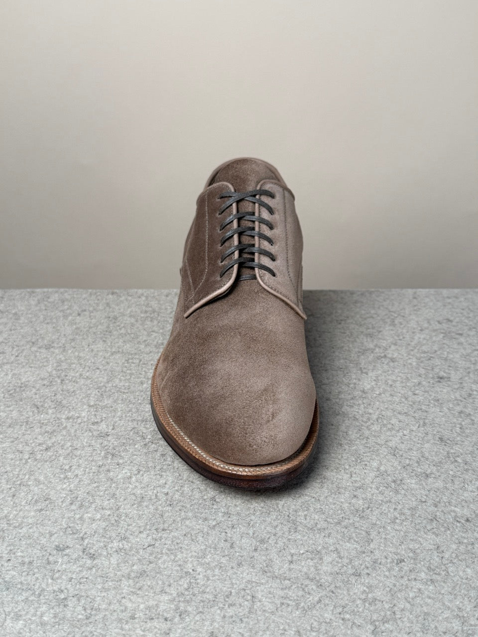 Viberg Navvy Cut Shoe in Bison Janus Calf Suede showing the stylish, high-quality footwear with a sleek design and natural leather finish.