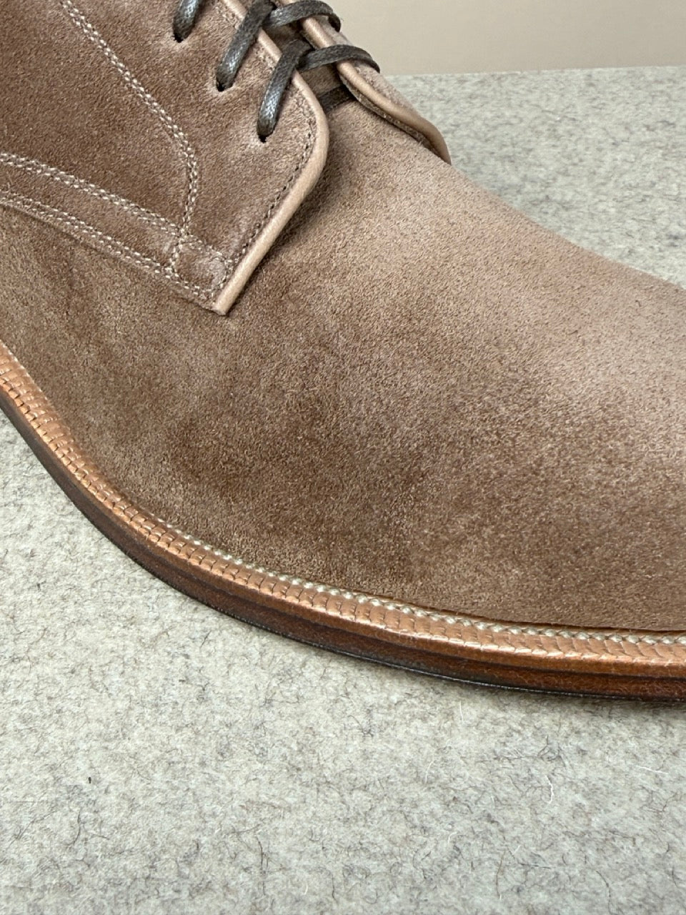 Viberg Navvy Cut Shoe in Bison Janus Calf Suede showing the ankle-high footwear with suede upper and sturdy sole.