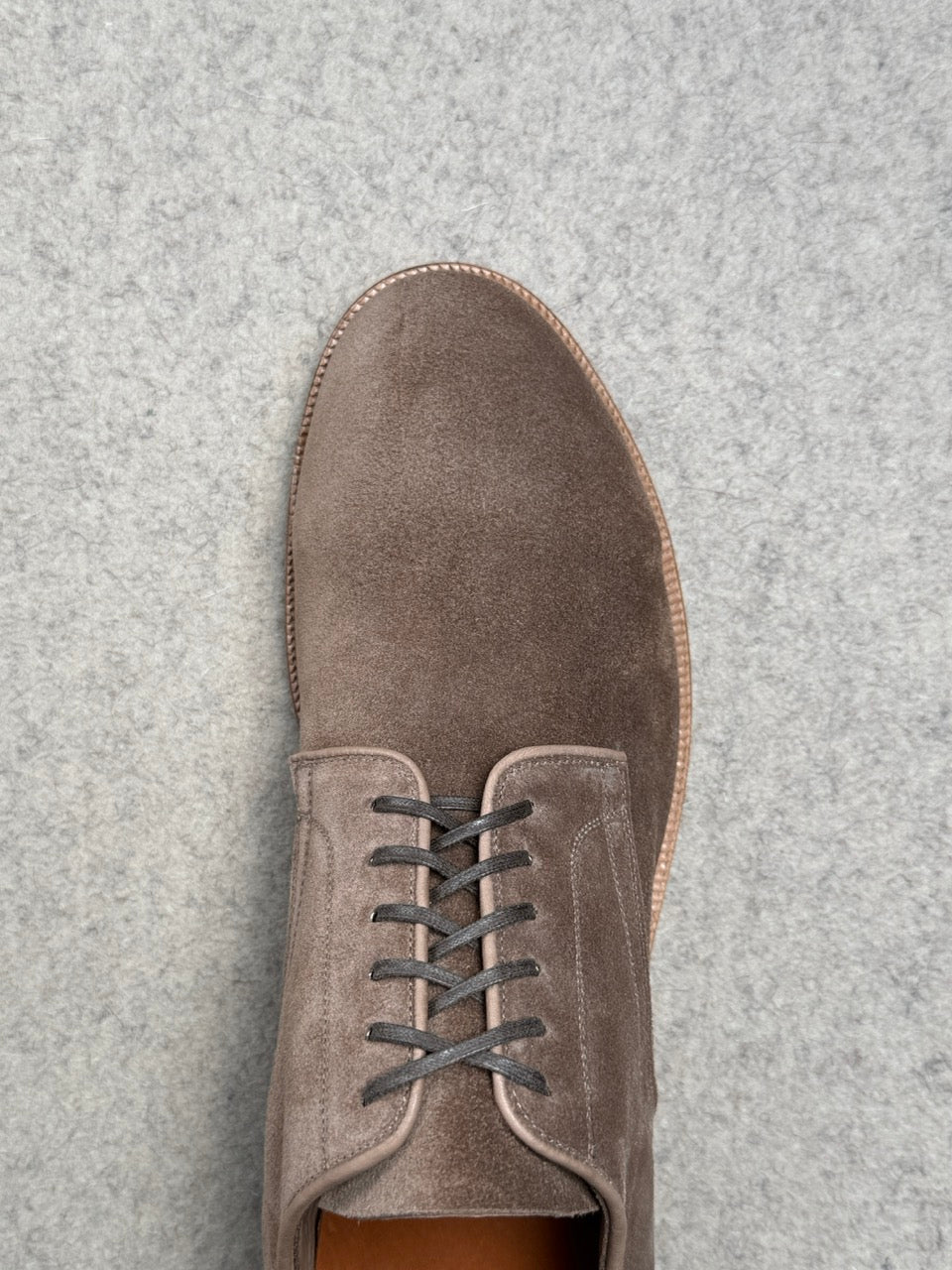 Viberg Navvy Cut Shoe in Bison Janus calf suede, showcasing a stylish footwear design with natural suede texture and craftsmanship.